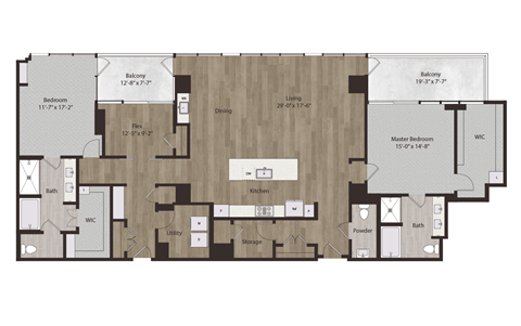 Floor plan for 2 beds, 2.5 baths, 2436 sqft